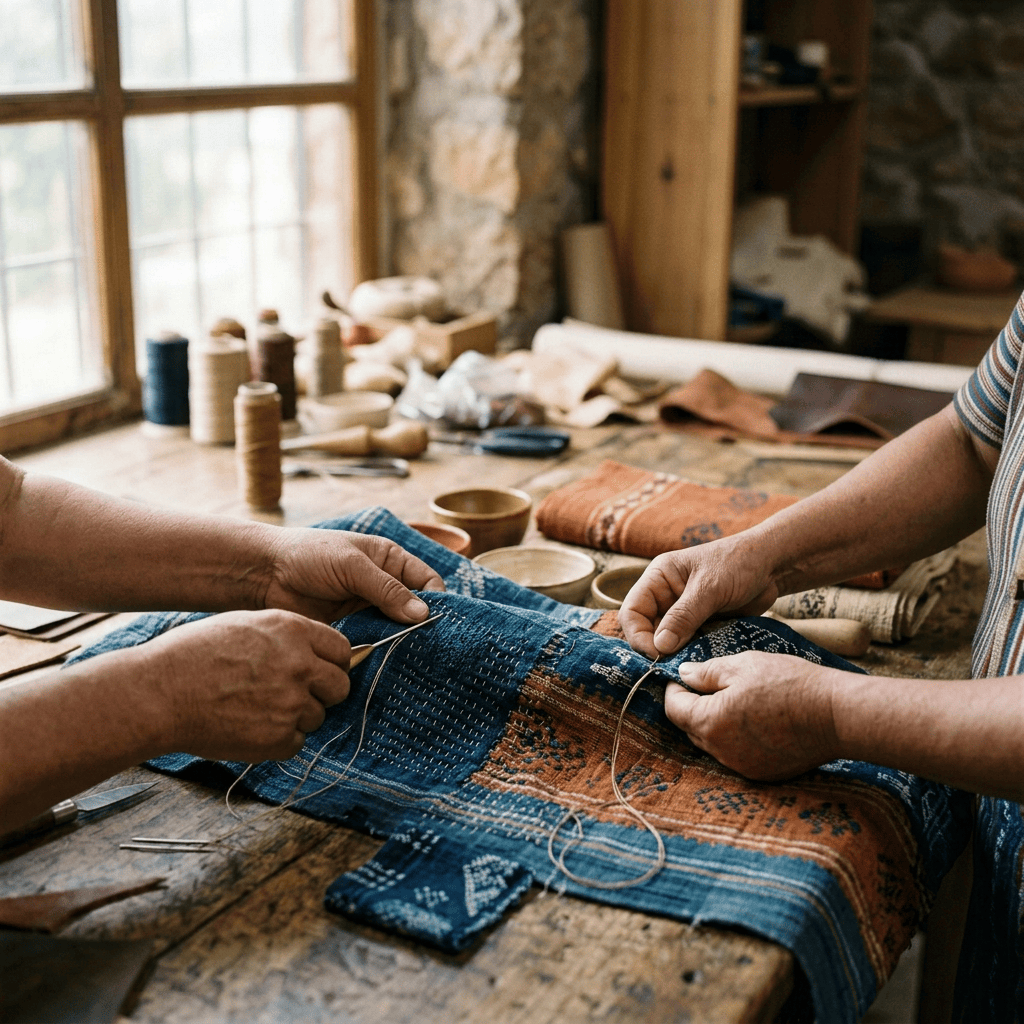 Two artisans measure a leather journal on a workshop table